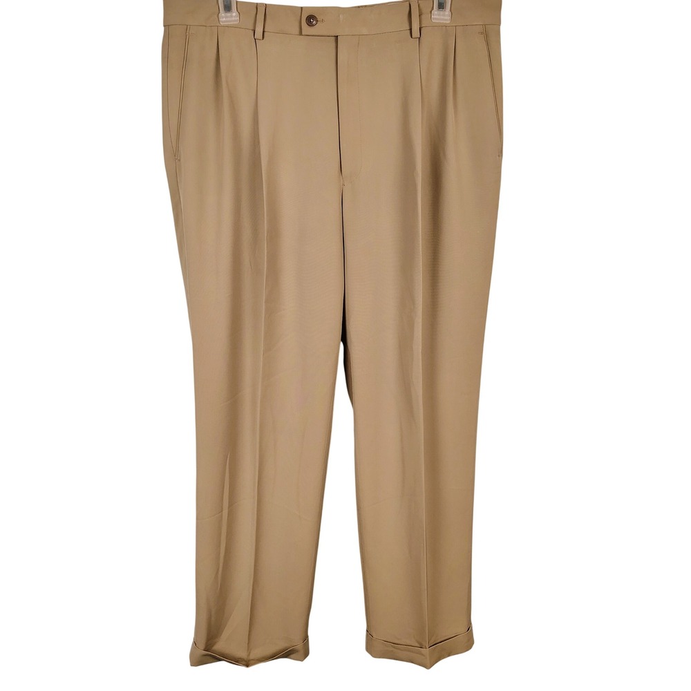 Alan Flusser Mens 38X30 Golf Pleated Cuffed Dress Pants Tan Khaki Preppy Classic